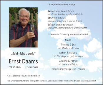 Traueranzeige von Ernst Daams von WVW Anzeigenblätter