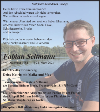 Traueranzeige von Fabian Seltmann von WVW Anzeigenblätter