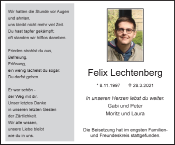 Traueranzeige von Felix Lechtenberg von WVW Anzeigenblätter