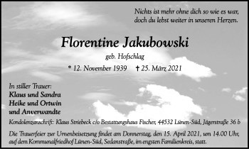 Traueranzeige von Florentine Jakubowski von WVW Anzeigenblätter