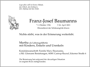 Traueranzeige von Franz-Josef Baumanns von WVW Anzeigenblätter