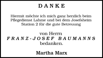 Traueranzeige von Franz-Josef Baumanns von WVW Anzeigenblätter