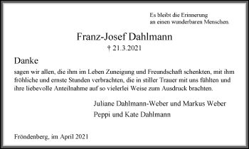 Traueranzeige von Franz-Josef Dahlmann von WVW Anzeigenblätter