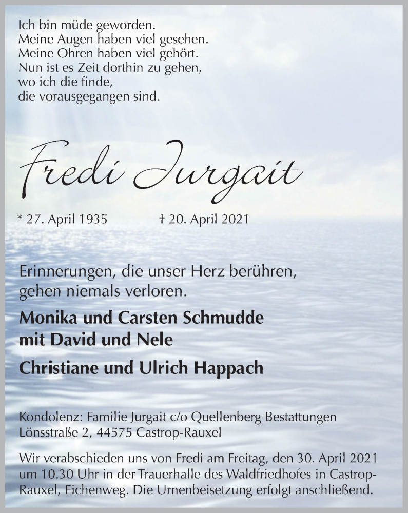  Traueranzeige für Fredi Jurgait vom 29.04.2021 aus WVW Anzeigenblätter
