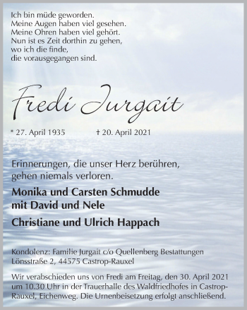 Traueranzeige von Fredi Jurgait von WVW Anzeigenblätter