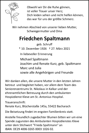 Traueranzeige von Friedchen Spaltmann von WVW Anzeigenblätter