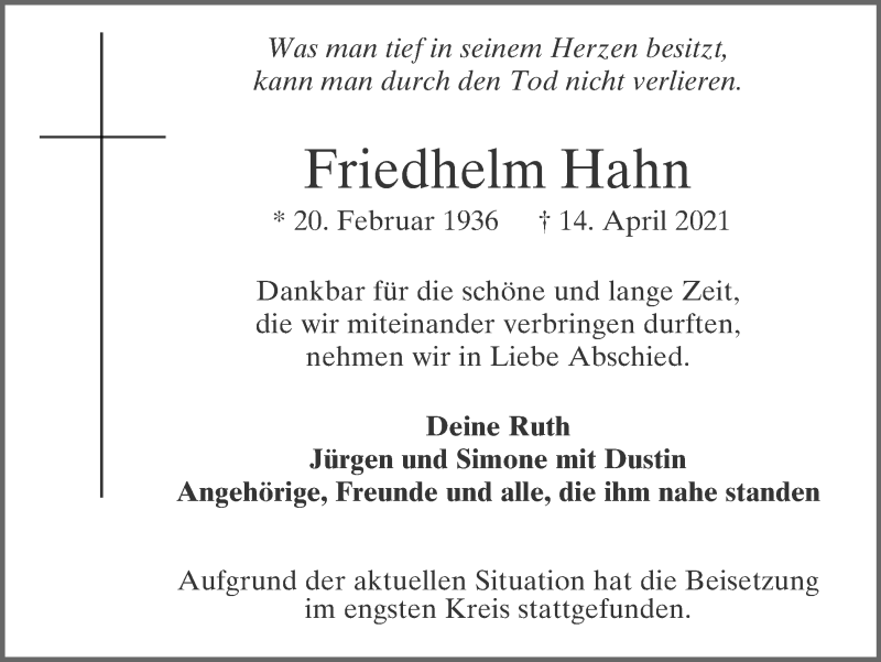  Traueranzeige für Friedhelm Hahn vom 24.04.2021 aus WVW Anzeigenblätter