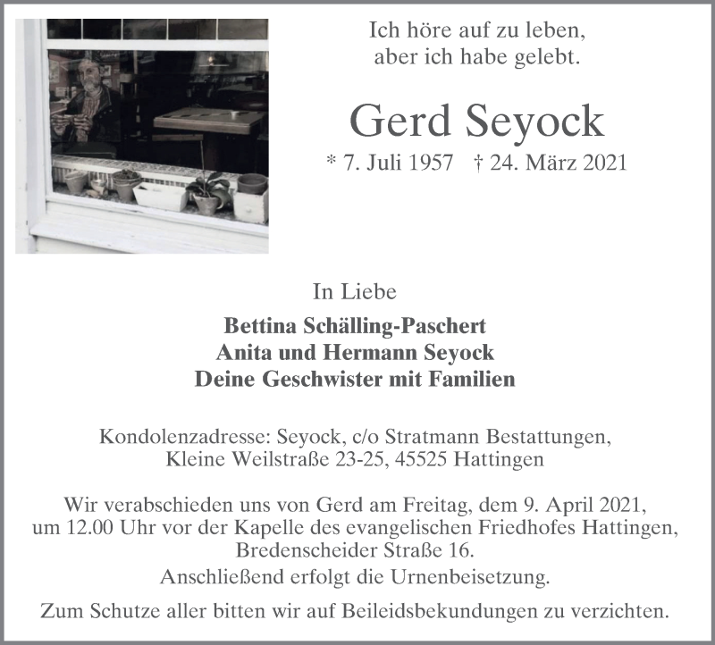  Traueranzeige für Gerd Seyock vom 03.04.2021 aus WVW Anzeigenblätter