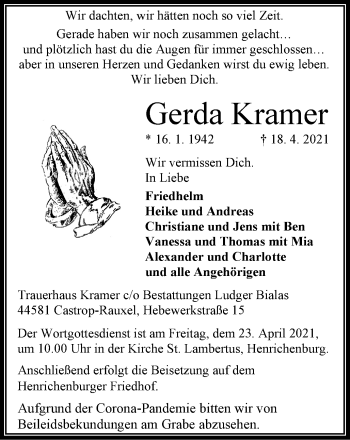 Traueranzeige von Gerda Kramer von WVW Anzeigenblätter