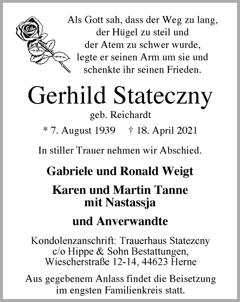  Traueranzeige für Gerhild Stateczny vom 29.04.2021 aus WVW Anzeigenblätter