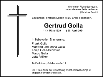 Traueranzeige von Gertrud Golla von WVW Anzeigenblätter