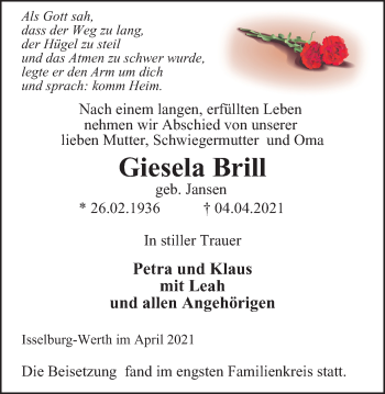 Traueranzeige von Giesela Brill von WVW Anzeigenblätter