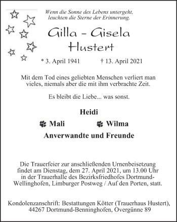 Traueranzeige von Gisela Hustert von WVW Anzeigenblätter