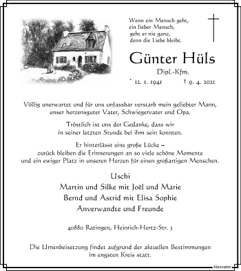 Traueranzeige von Günter Hüls von WVW Anzeigenblätter