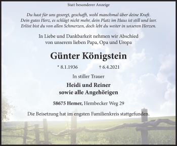 Traueranzeige von Günter Königstein von WVW Anzeigenblätter