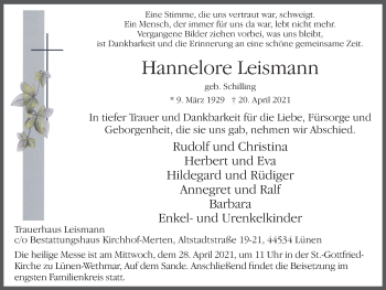 Traueranzeige von Hannelore Leismann von WVW Anzeigenblätter