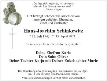 Traueranzeige von Hans-Joachim Schinkewitz von WVW Anzeigenblätter