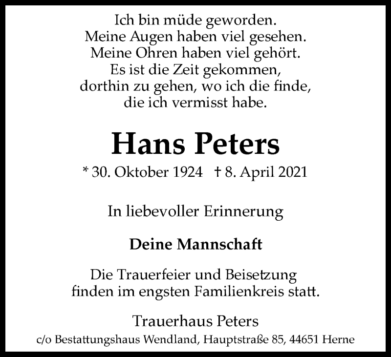  Traueranzeige für Hans Peters vom 17.04.2021 aus WVW Anzeigenblätter