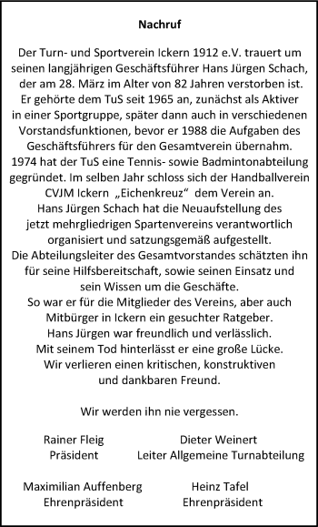 Traueranzeige von Hans Jürgen Schach von WVW Anzeigenblätter