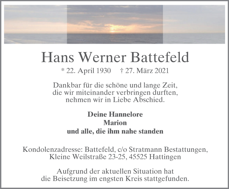  Traueranzeige für Hans Werner Battefeld vom 24.04.2021 aus WVW Anzeigenblätter