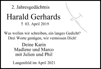 Traueranzeige von Harald Gerhards von WVW Anzeigenblätter