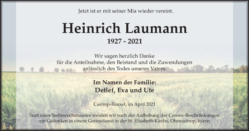  Traueranzeige für Heinrich Laumann vom 17.04.2021 aus WVW Anzeigenblätter