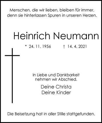 Traueranzeige von Heinrich Neumann von WVW Anzeigenblätter