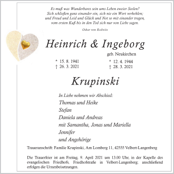 Traueranzeige von Heinrich und Ingeborg Krupinski von WVW Anzeigenblätter