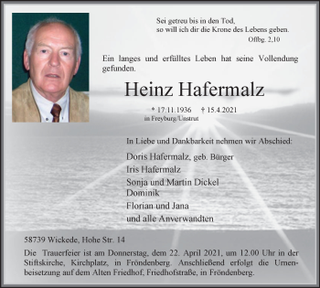 Traueranzeige von Heinz Hafermalz von WVW Anzeigenblätter