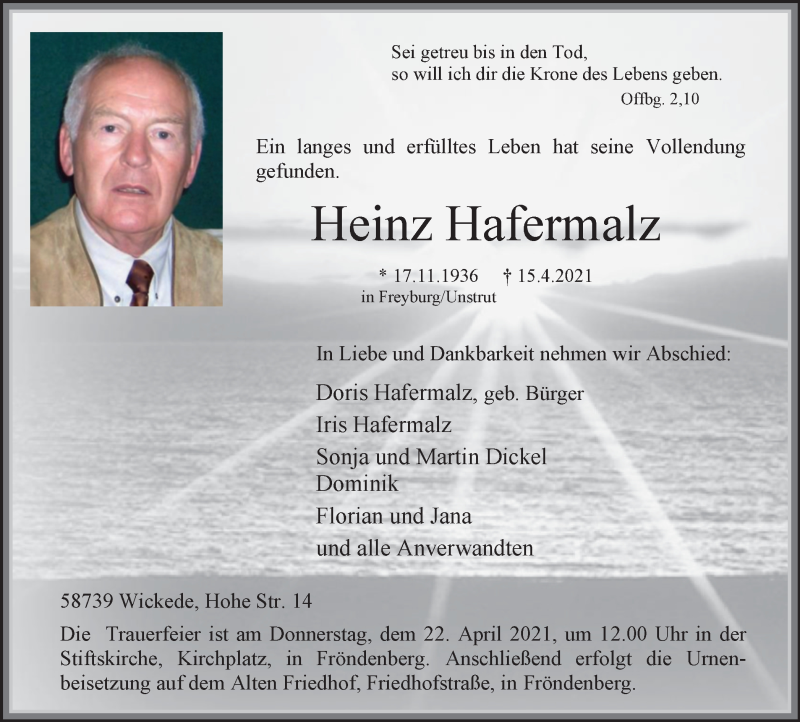  Traueranzeige für Heinz Hafermalz vom 21.04.2021 aus WVW Anzeigenblätter
