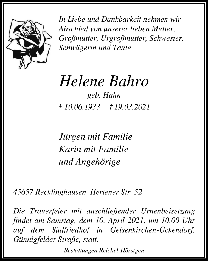  Traueranzeige für Helene Bahro vom 03.04.2021 aus WVW Anzeigenblätter