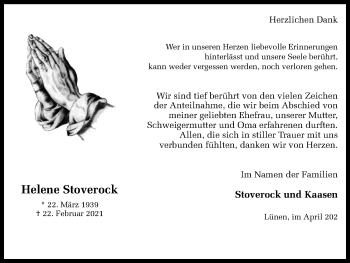 Traueranzeige von Helene Stoverock von WVW Anzeigenblätter