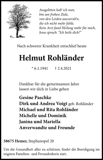 Traueranzeige von Helmut Rohländer von WVW Anzeigenblätter