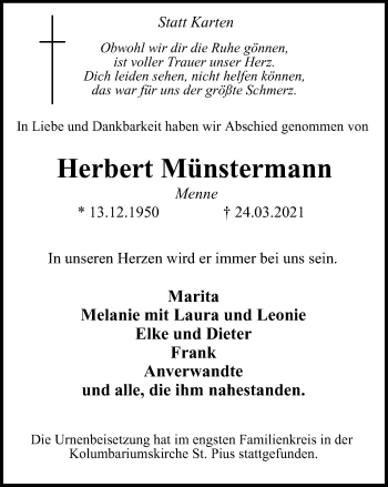 Traueranzeige von Herbert Münstermann von WVW Anzeigenblätter