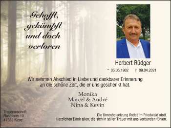 Traueranzeige von Herbert Rüdger von WVW Anzeigenblätter