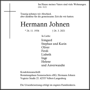 Traueranzeige von Hermann Johnen von WVW Anzeigenblätter