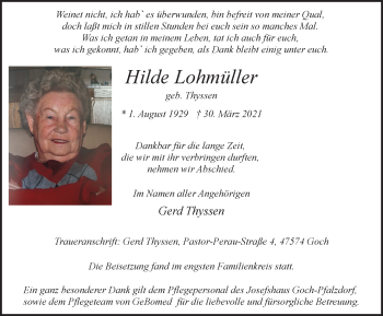 Traueranzeige von Hilde Lohmüller von WVW Anzeigenblätter