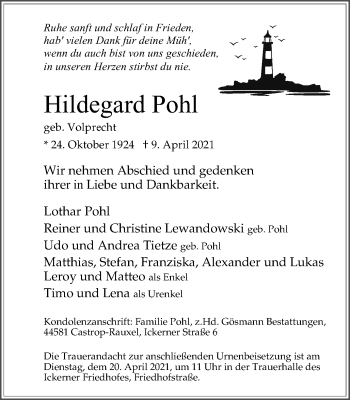 Traueranzeige von Hildegard Pohl von WVW Anzeigenblätter
