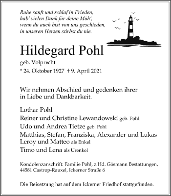 Traueranzeige von Hildegard Pohl von WVW Anzeigenblätter