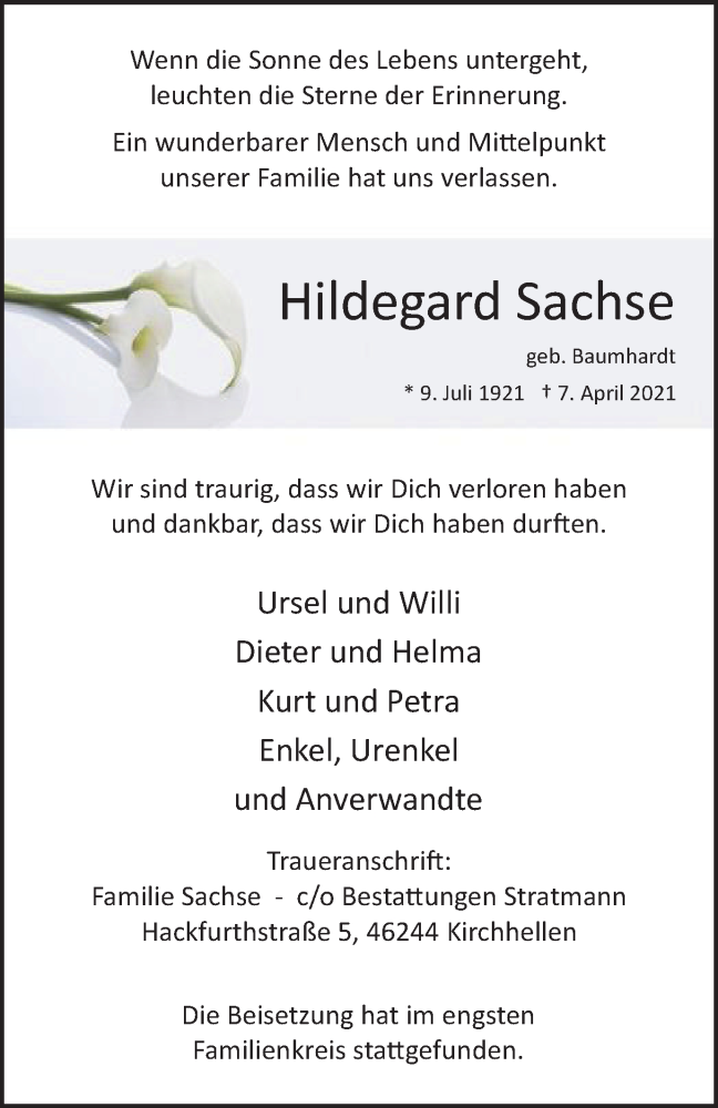  Traueranzeige für Hildegard Sachse vom 17.04.2021 aus WVW Anzeigenblätter