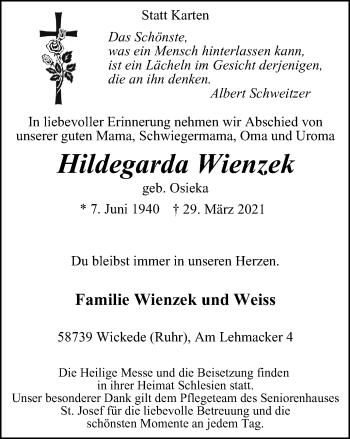 Traueranzeige von Hildegarda Wienzek von WVW Anzeigenblätter