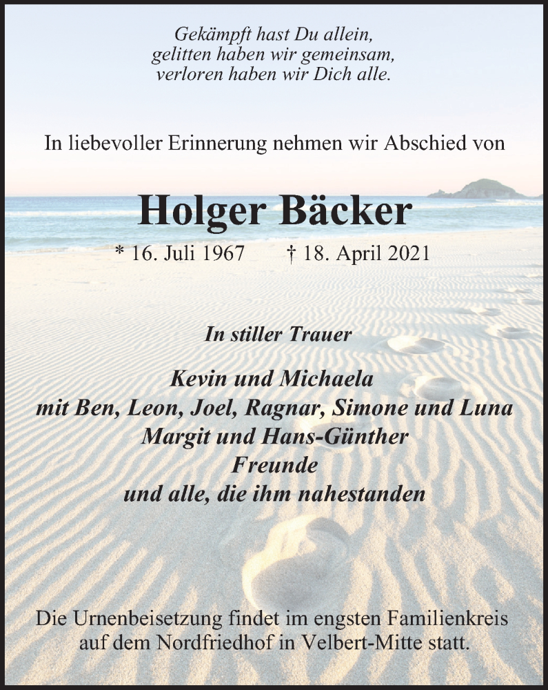  Traueranzeige für Holger Bäcker vom 24.04.2021 aus WVW Anzeigenblätter