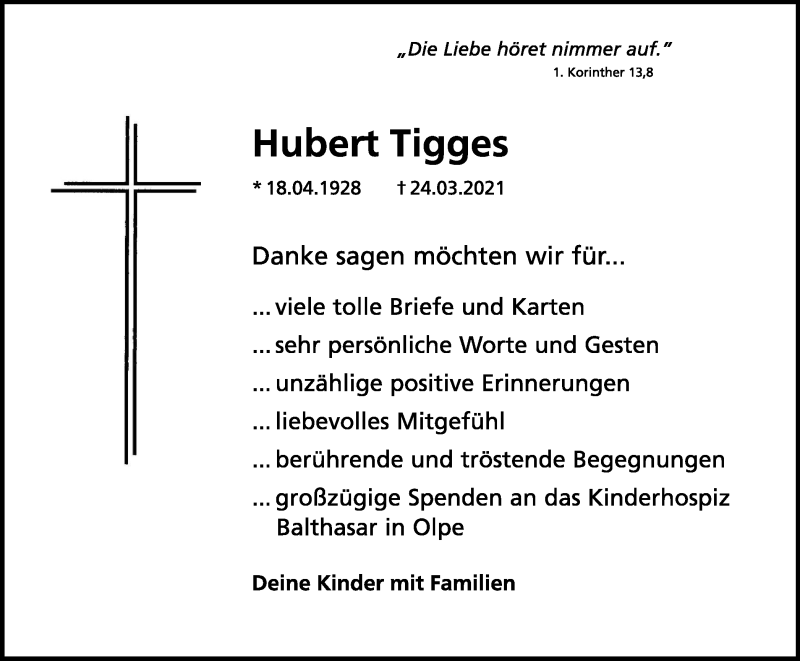  Traueranzeige für Hubert Tigges vom 24.04.2021 aus WVW Anzeigenblätter