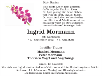 Traueranzeige von Ingrid Mormann von WVW Anzeigenblätter