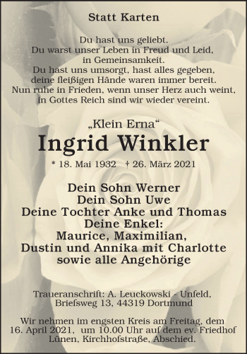 Traueranzeige von Ingrid Winkler von WVW Anzeigenblätter