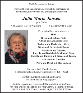 Traueranzeige von Jutta Marta Jansen von WVW Anzeigenblätter