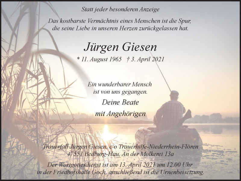  Traueranzeige für Jürgen Giesen vom 10.04.2021 aus WVW Anzeigenblätter