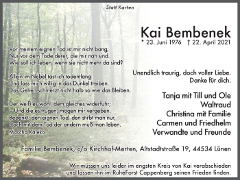 Traueranzeige von Kai Bembenek von WVW Anzeigenblätter