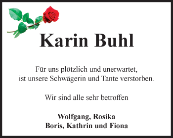 Traueranzeige von Karin Buhl von WVW Anzeigenblätter