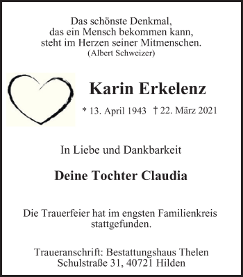 Traueranzeige von Karin Erkelenz von WVW Anzeigenblätter